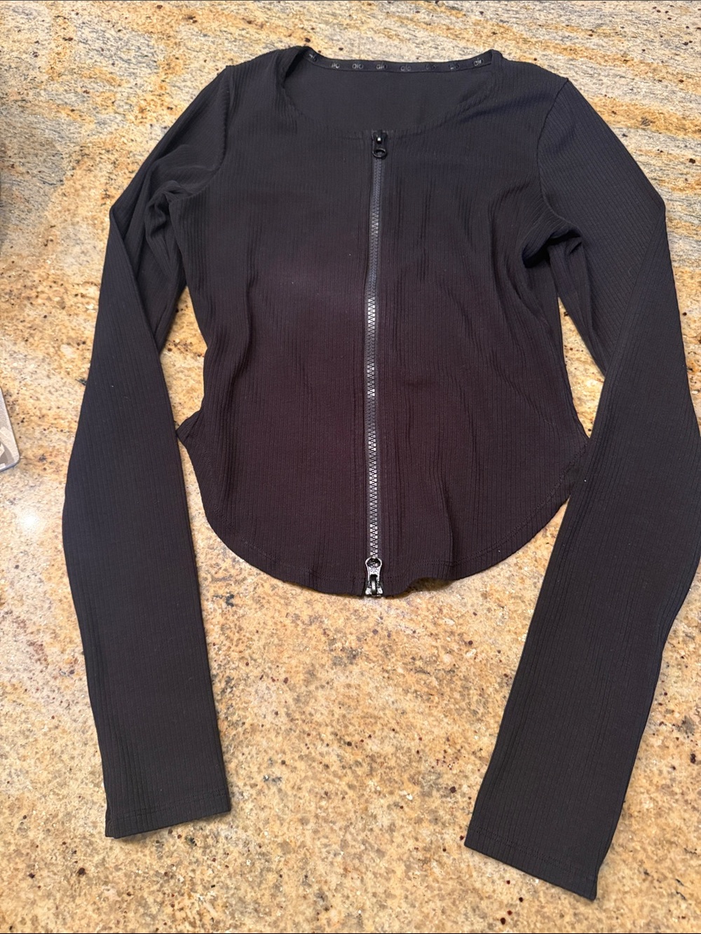 ALO Yoga Black Ribbed Zip-Front Long Sleeve Top